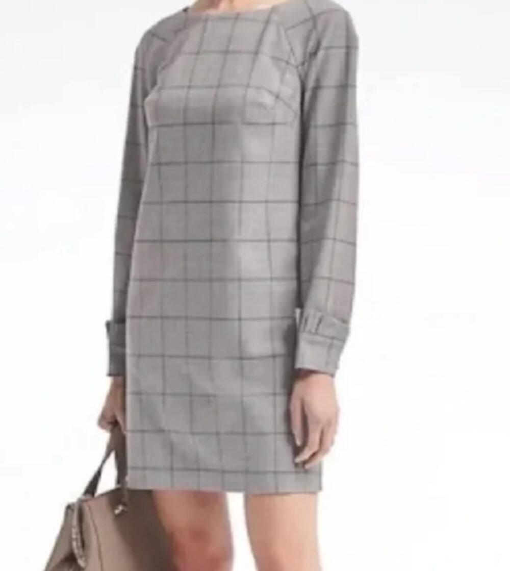 Banana Republic Ruffle Lightweight Wool Shift Dress Gray Plaid long sleeve 4